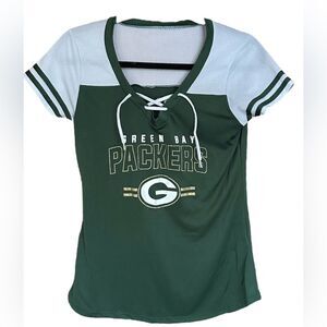 Green Bay Packers NFL Apparel Womens Jersey Green w Gold Sparkly Logo Sz Small.